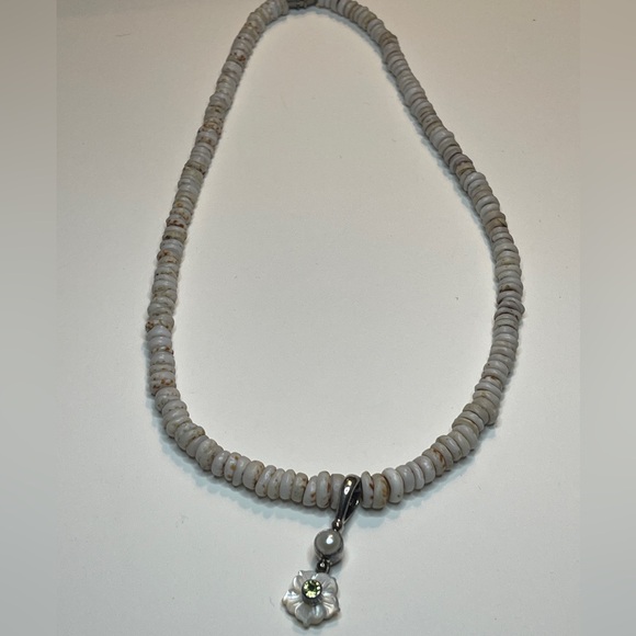 VINTAGE SHELL HEISHI Beads sterling silver flower Pendant NECKLACE vintage pearl - Picture 16 of 16